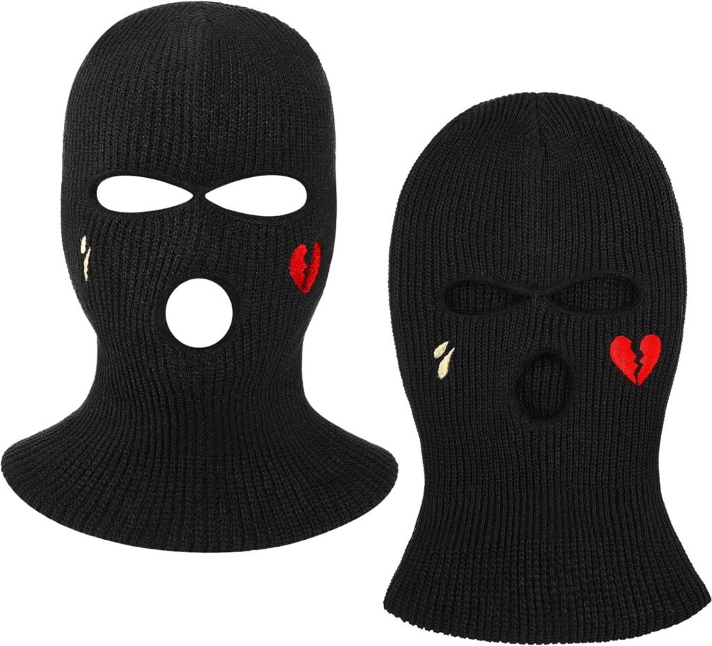 3 Hole Ski Mask with Design 2 Pack Balaclava Knitted Three Hole Mask Beanie Winter Full Face Cover for Outdoor Sports